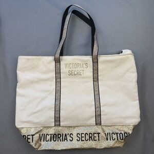 Victoria's Secret Canvas GOLD GLITTER Tote‎ Bag Zip Closure EUC